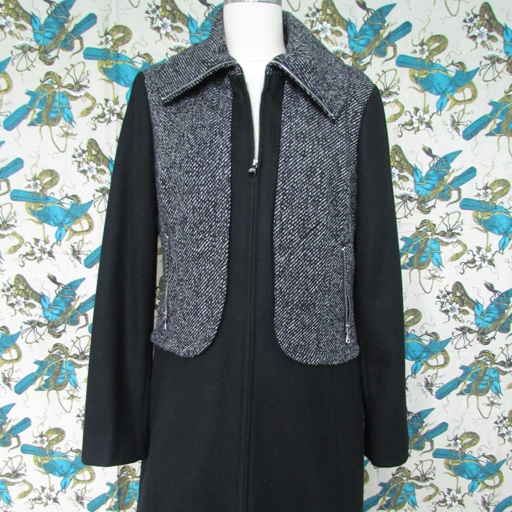 GUESS Black White Wool Blend Zip Front Coat
